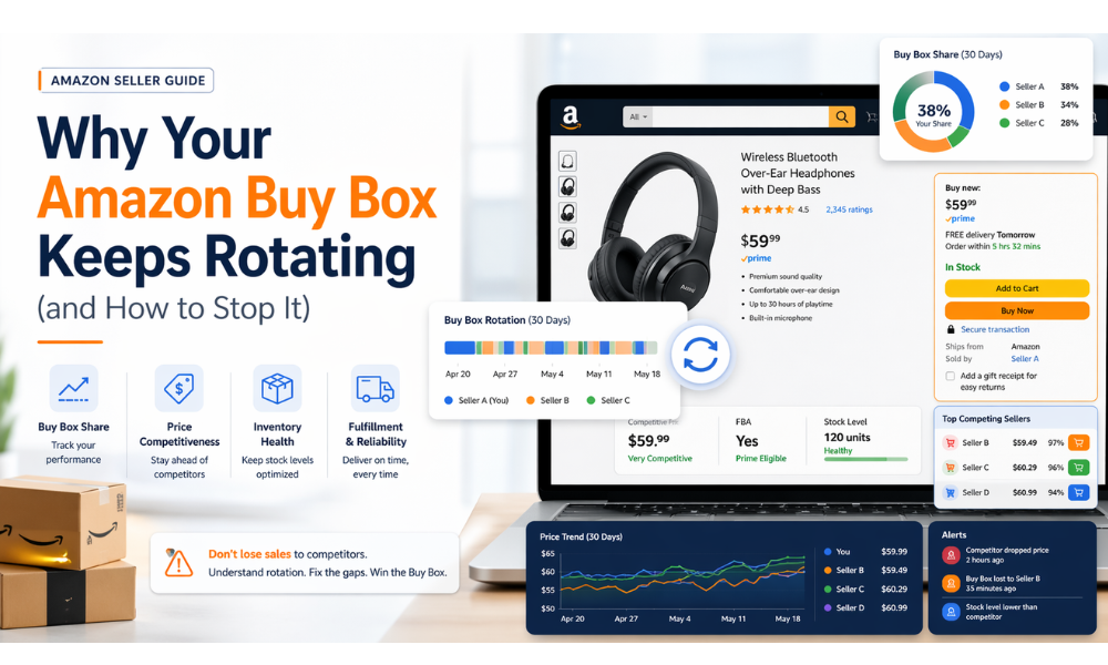 buy box rotating on an Amazon listing - dashboard showing Buy Box share split between sellers