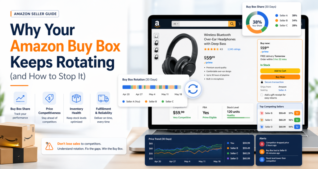 buy box rotating on an Amazon listing - dashboard showing Buy Box share split between sellers