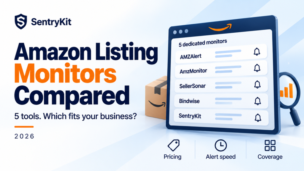 Amazon listing monitors compared in 2026: AMZAlert, AmzMonitor, SellerSonar, Bindwise and SentryKit on pricing, alert speed and coverage