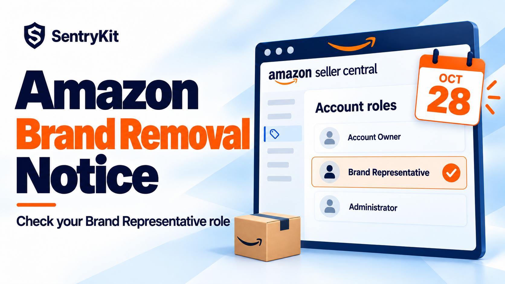 Amazon brand removal notice: Seller Central account roles with the Brand Representative role checked and an October 28 deadline