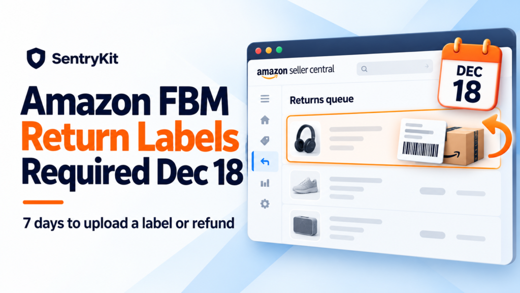 Amazon prepaid return label for FBM: Seller Central returns queue with a prepaid label and a December 18 deadline
