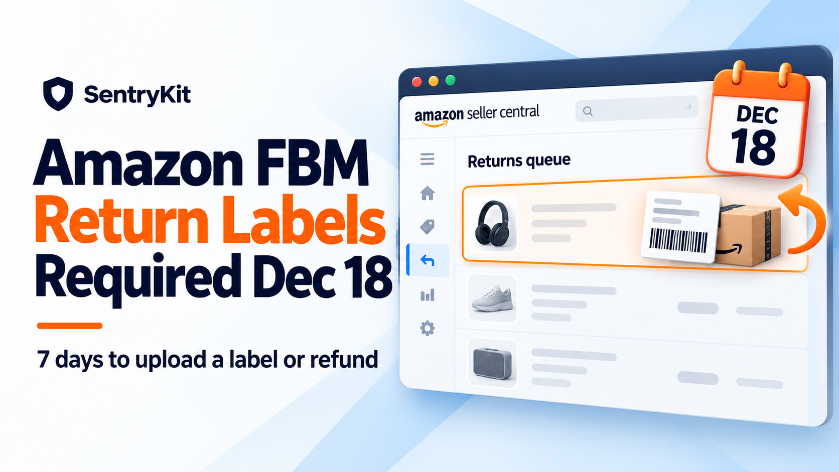 Amazon prepaid return label for FBM: Seller Central returns queue with a prepaid label and a December 18 deadline