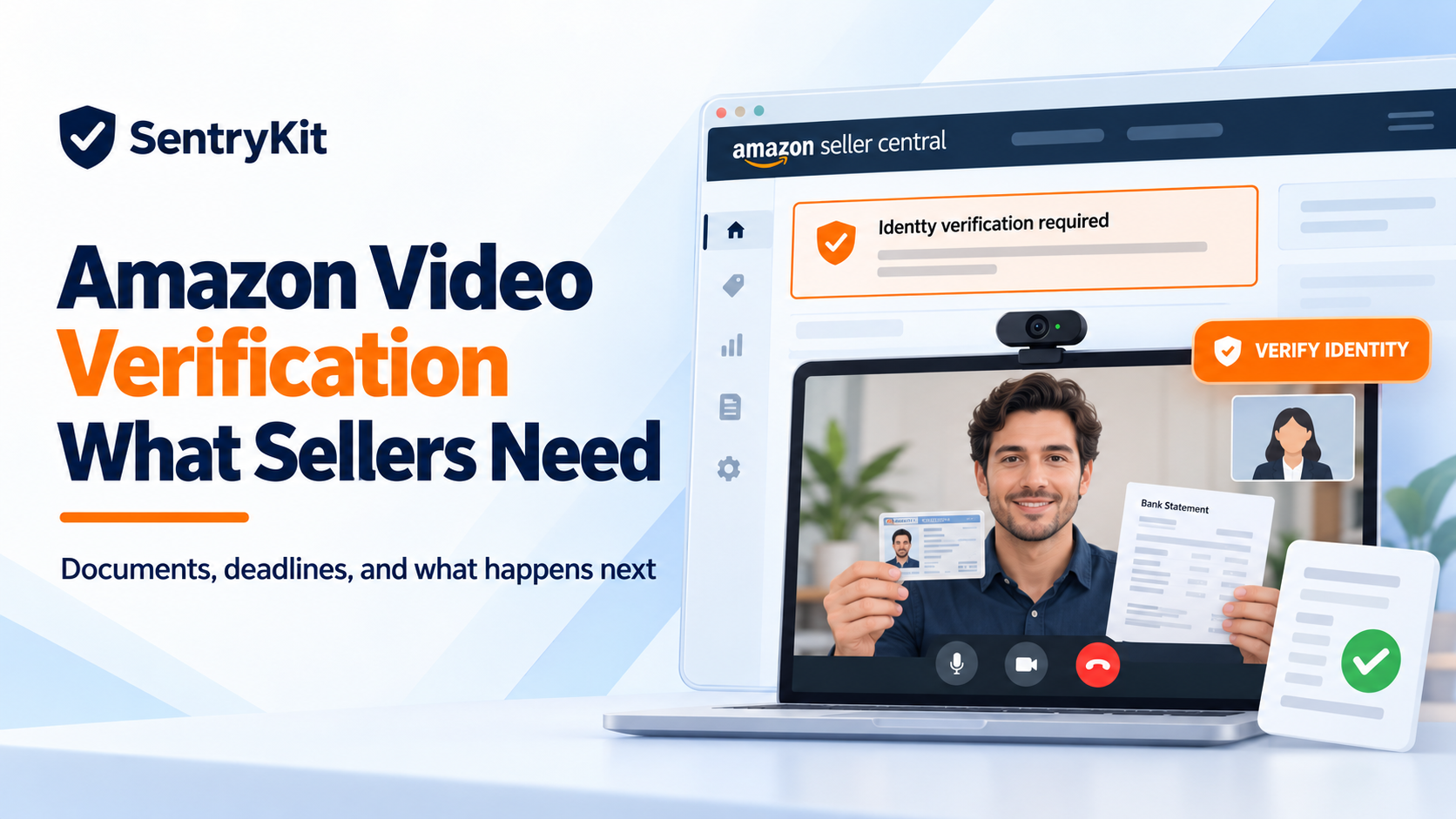 Amazon video verification: seller on a Seller Central identity verification call holding a photo ID and bank statement
