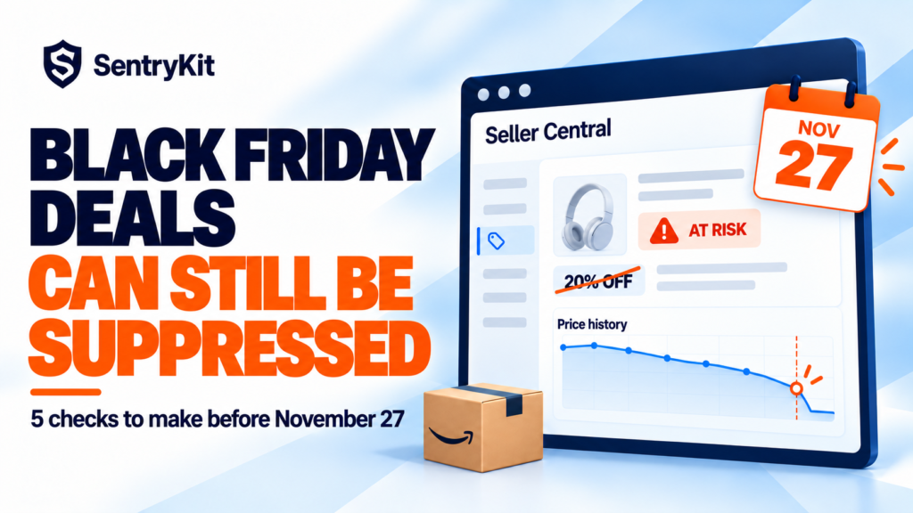 Amazon Black Friday deal suppressed: Seller Central deal marked at risk after a price drop, with a November 27 calendar