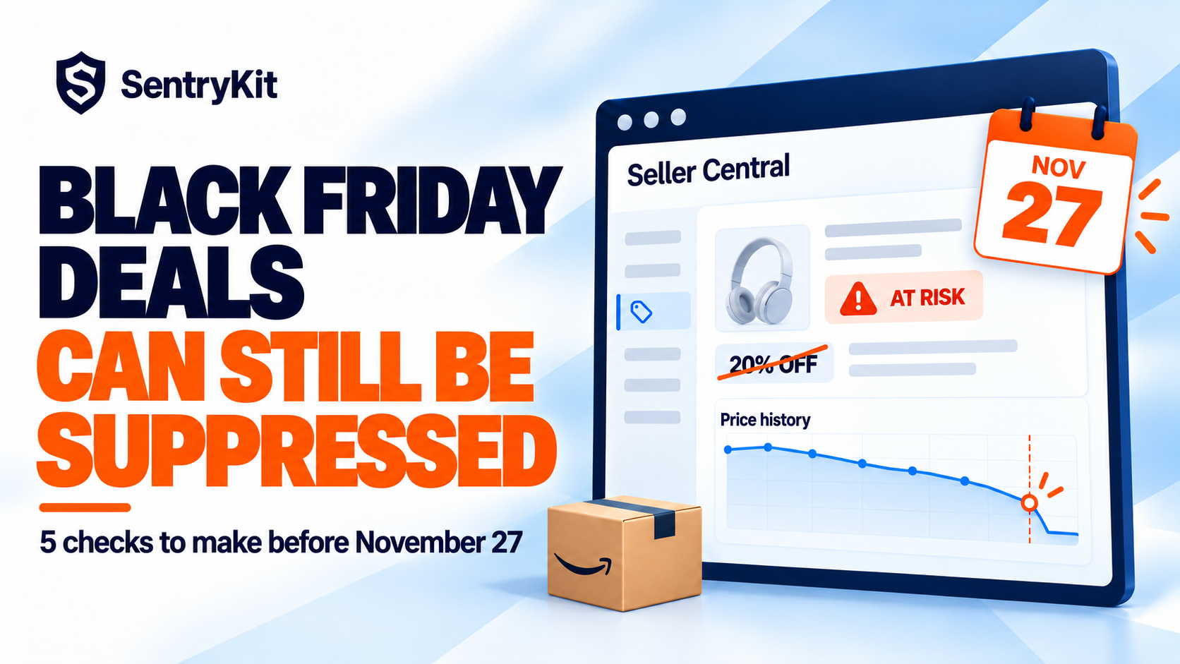 Amazon Black Friday deal suppressed: Seller Central deal marked at risk after a price drop, with a November 27 calendar