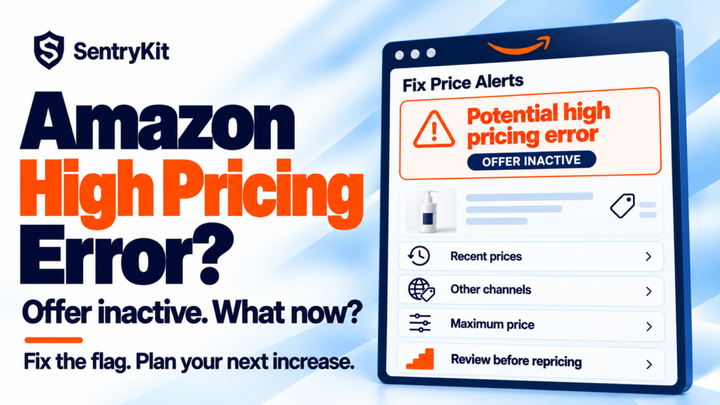 Amazon potential high pricing error alert showing an inactive offer and the prices Amazon compares against