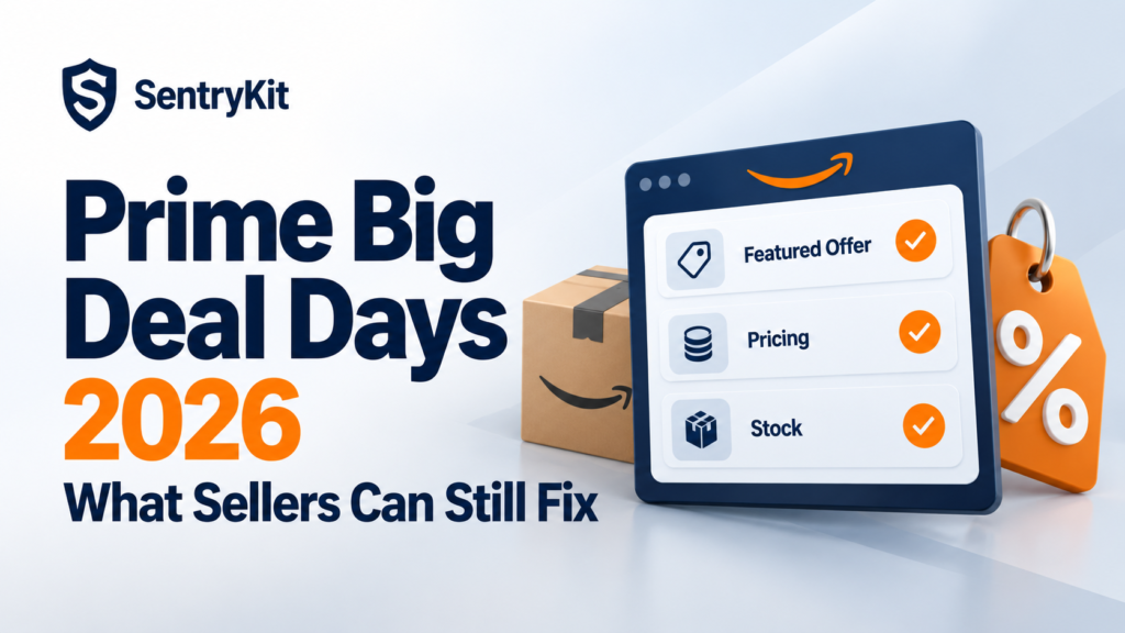 Prime Big Deal Days 2026 seller checklist showing Featured Offer, pricing and stock checks on an Amazon listing