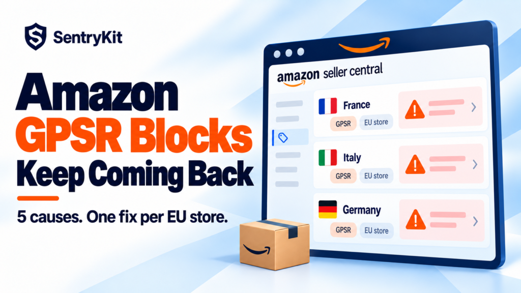 Amazon GPSR blocks: Seller Central listing issues showing compliance blocks in the France, Italy and Germany stores