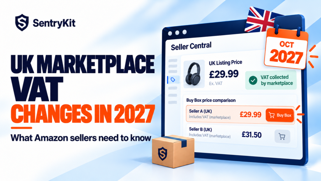 Amazon VAT UK: Seller Central listing with VAT collected by the marketplace from October 2027 and a Buy Box price comparison