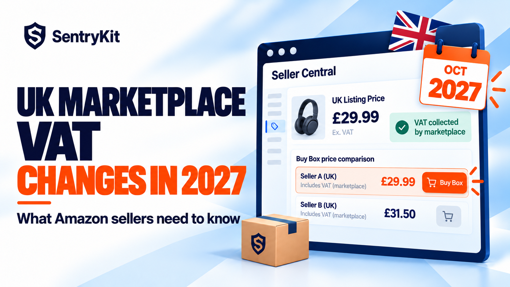 Amazon VAT UK: Seller Central listing with VAT collected by the marketplace from October 2027 and a Buy Box price comparison